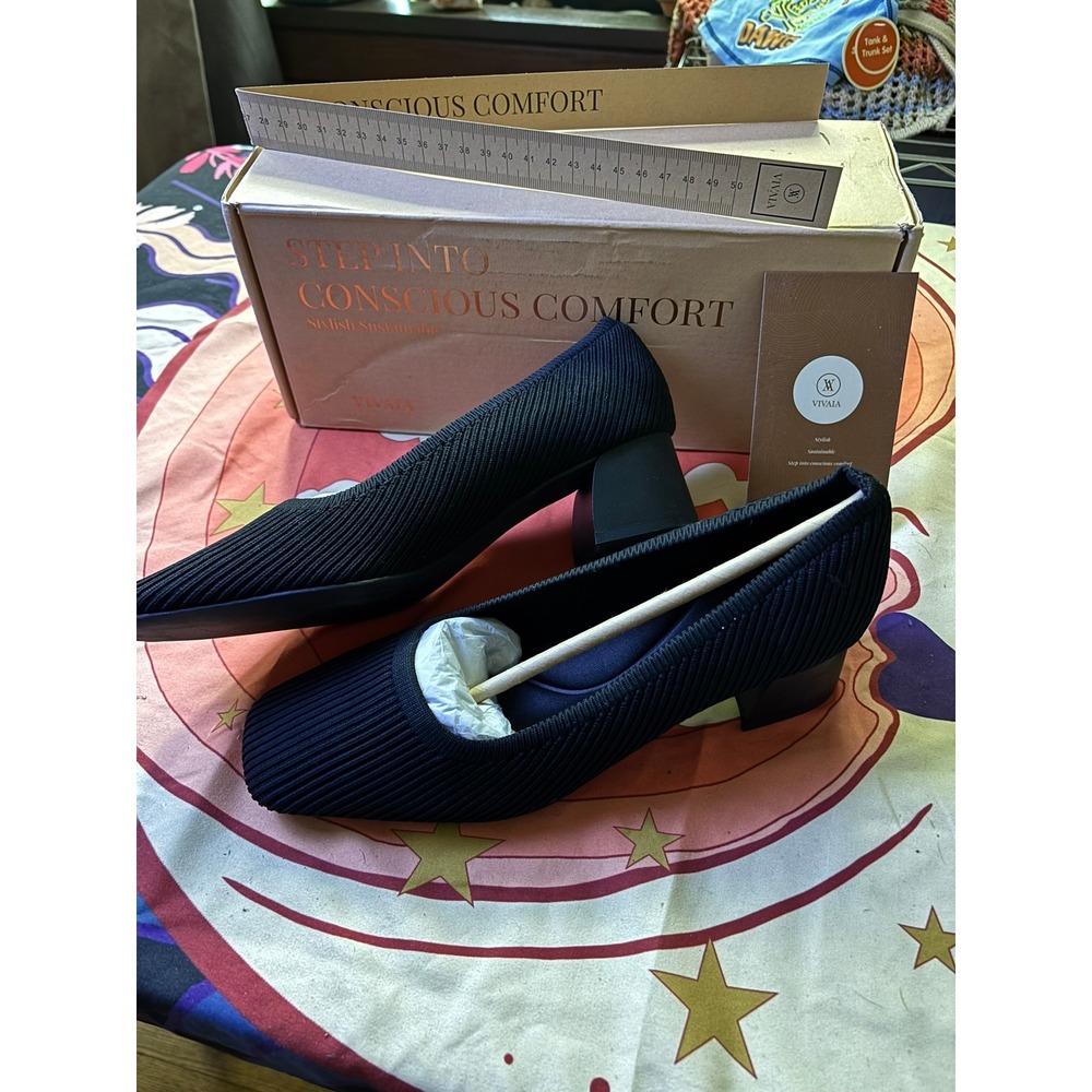 Vivaia Margot Square Toe Block Heel Pumps Black Knit Sustainable Shoes EU 37 - Picture 10 of 15